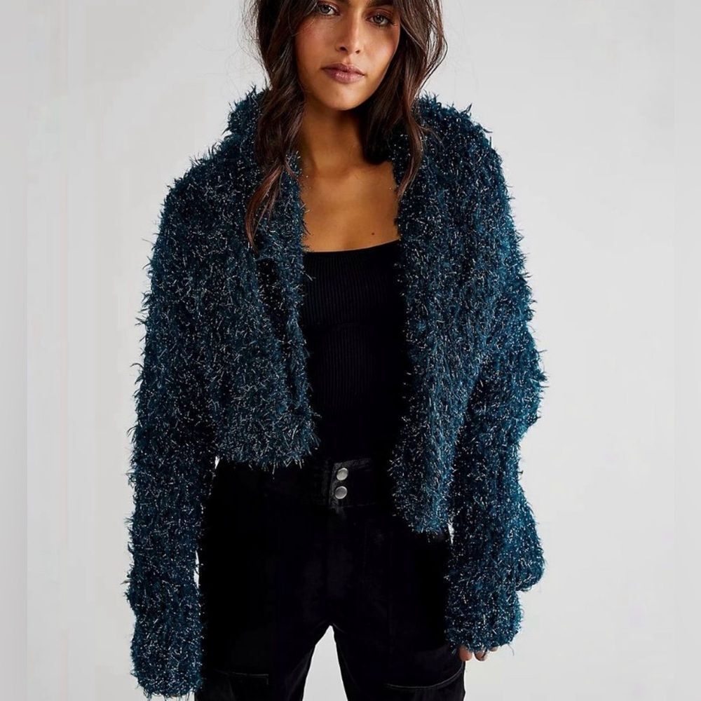 Free People Fuzzy Sparkle Bowen Cardi Cardigan , Emerald Sea